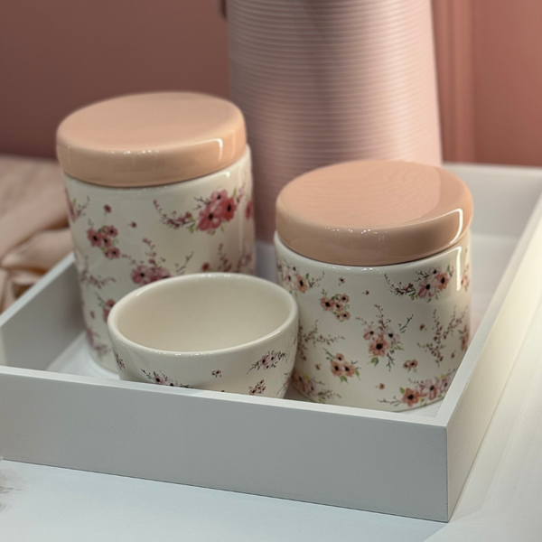 Kit Potes de Higiene Cerâmica - Cerejeira Tampa Rosa - La Chambre